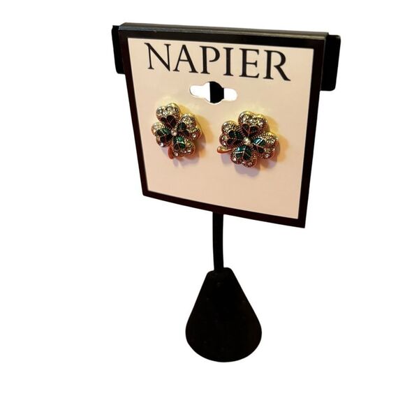 Napier Gold, Green & Pave Crystal 4 Leaf Clover Earrings. - Picture 3 of 6